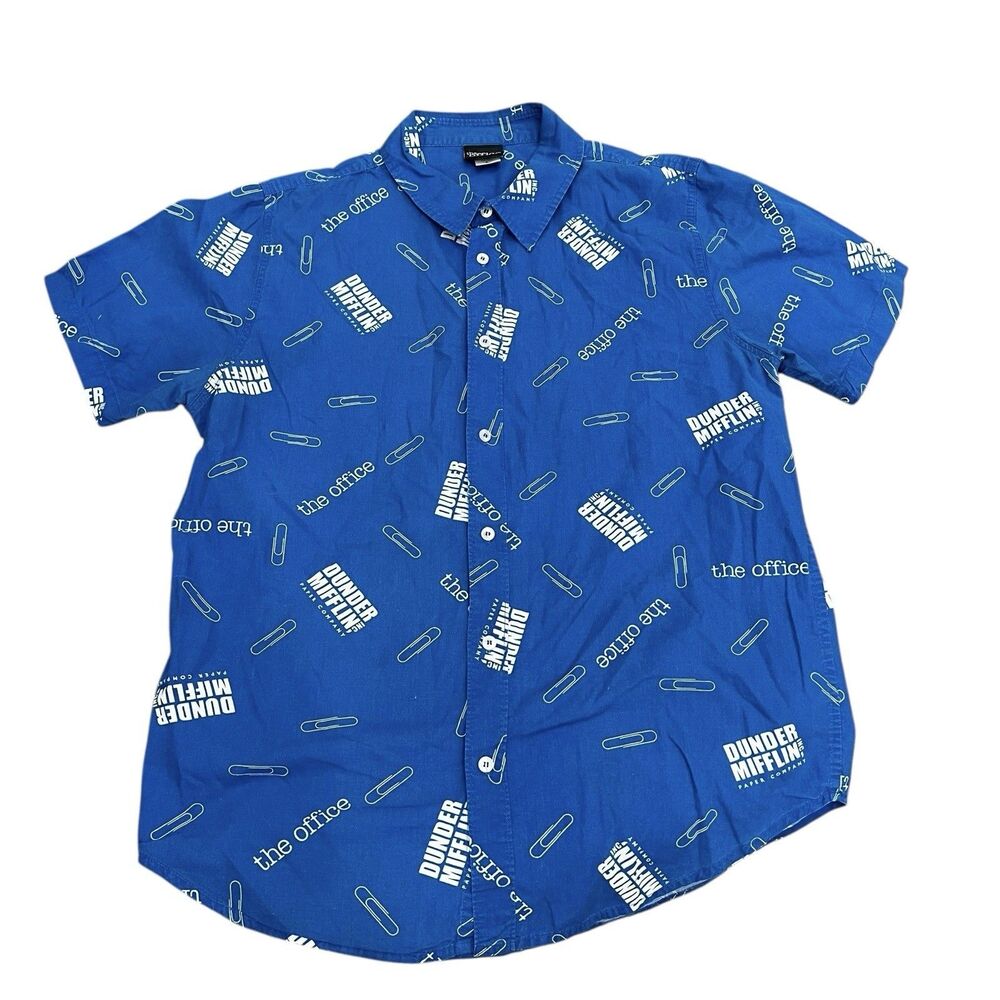 The Office Mens Large Blue Short Sleeve Button-Down Shirt Paper Clip Logo Cotton